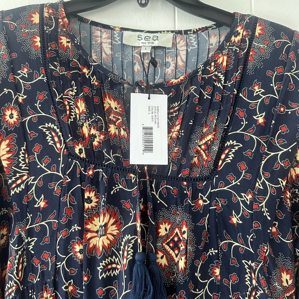 Sea New York Robina 3/4 Sleeve Maxi Long Dress Navy Floral Cottagecore Tassel - Picture 10 of 13